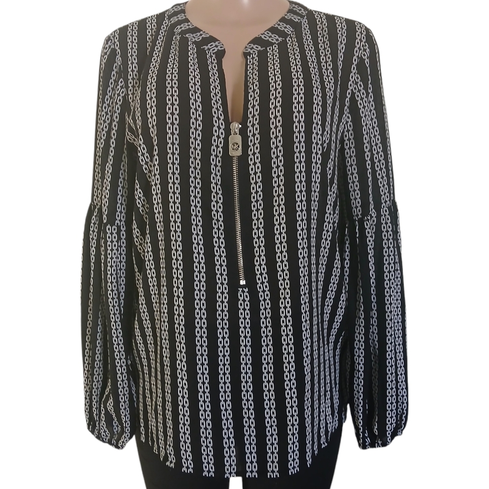 Michael Kors Black Blouse with White Chain Link Design size L, 100% polyester.